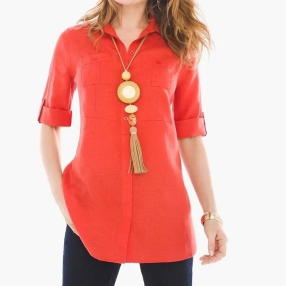 Chico's Size 1 Red Orange Coral No Iron Pocket Linen Shirt Women's Size 8 10